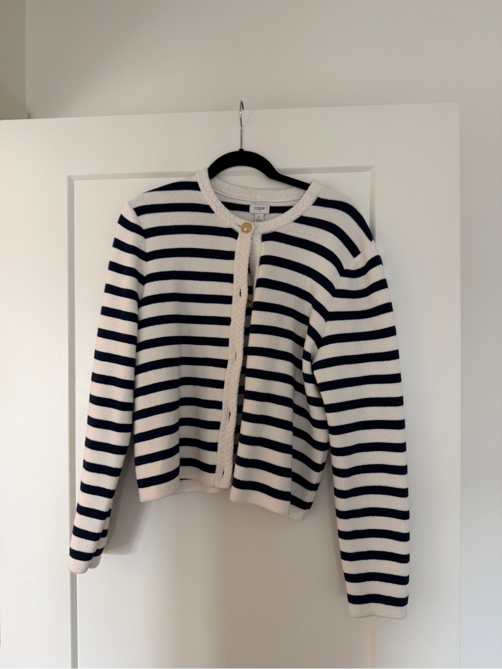J. Crew Navy and Cream Striped Button-Front Cardigan